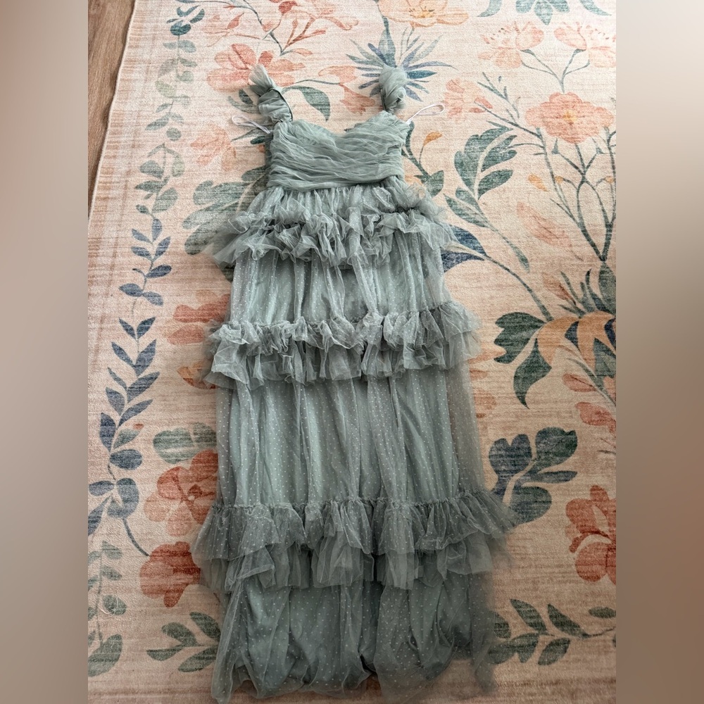 Lulus Pure Radiance Sage Brush Mesh Swiss Dot Tiered Maxi
Dress - Picture 4 of 6